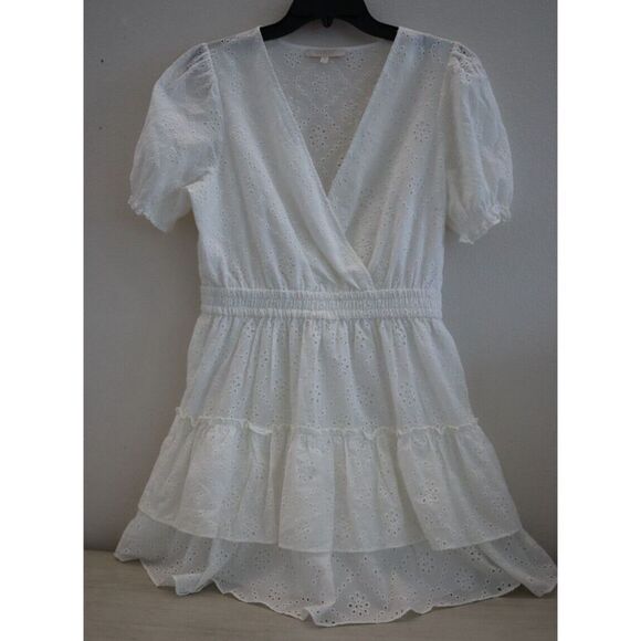 WAYF Women's Sz M White Reese Smocked Waist Tiered Eyelet Cotton Mini Dress - Picture 1 of 15